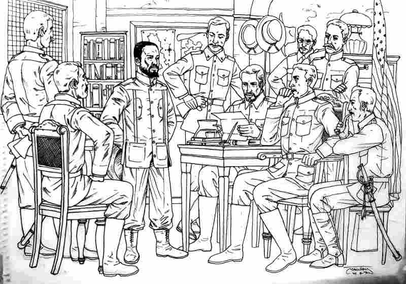 General Malvar testifies before the Gardener Board after his surrender.